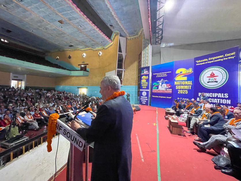 May be an image of 1 person, crowd, dais and text that says 'Excel: Empower, the Way" "Educate, nepal eading FOCIATIO સमम 저고대적품 SEMNIT PAN 2025 NATIONAL SUMMIT 2025 Tenank Smpower Ecer June. SINCIPALS CIATION ΕΑΙ AL SOUND'
